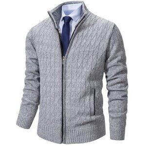 Mens Full Zip Cardigan Sweater Slim Fit Knit Stand Collar Zipper Pockets Casual
